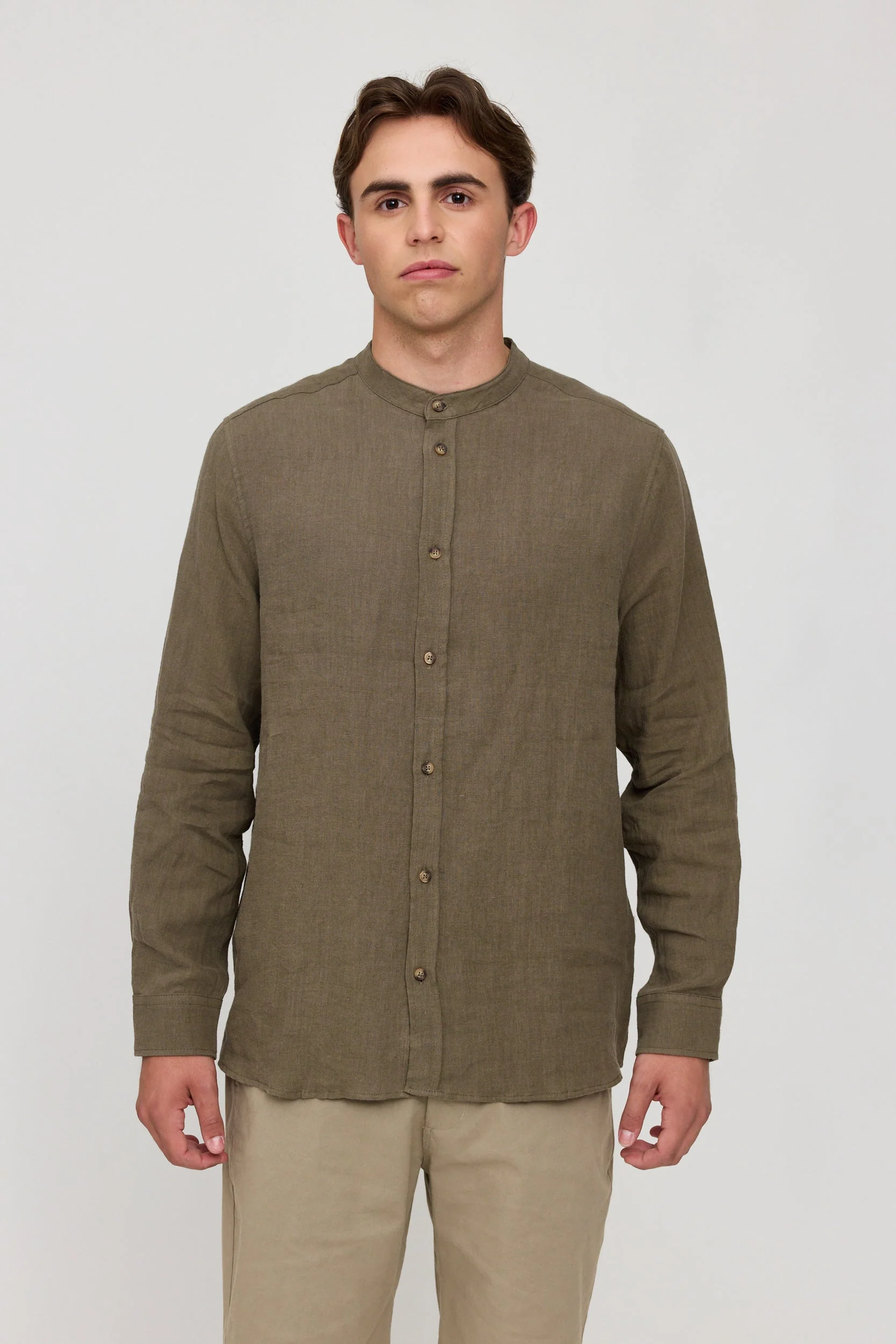 Stand Collar Linen Shirt - Image 13