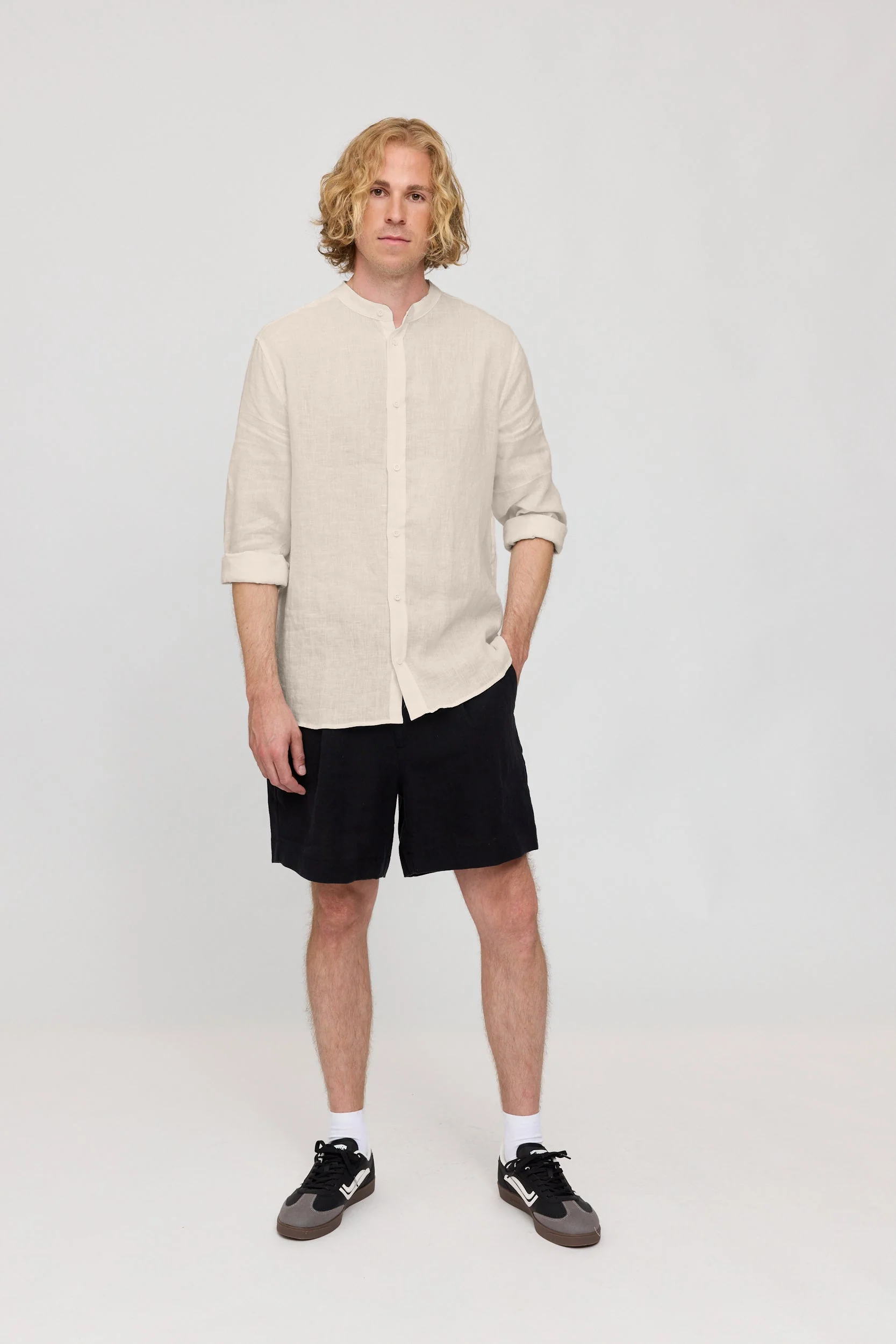 Stand Collar Linen Shirt - Image 23